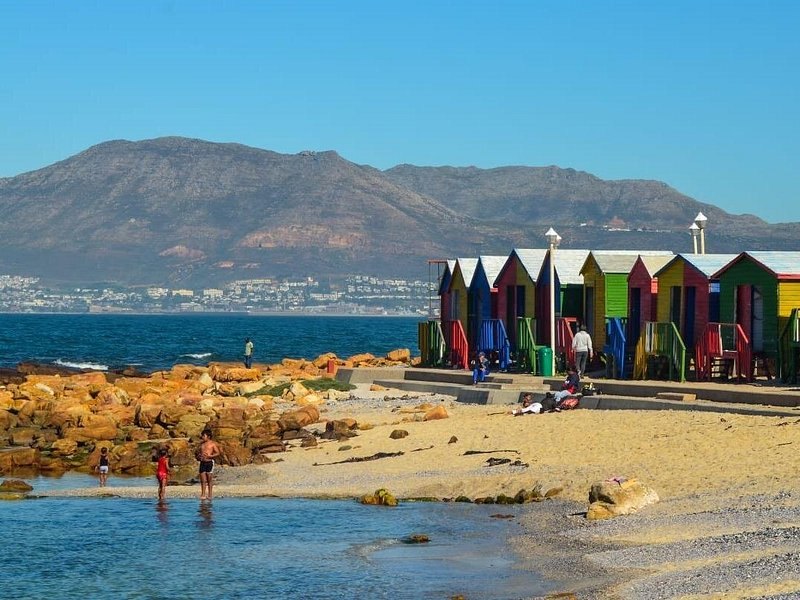 The painted bathing huts at Muizenberg, on the False Bay coast road